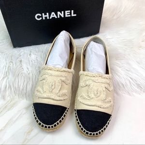 Chanel Beige & Black Linen Espadrilles